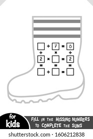Counting Game for Preschool Children. Educational a mathematical game. Count the numbers in the picture and write the result. Multiplication and division worksheets with a boot