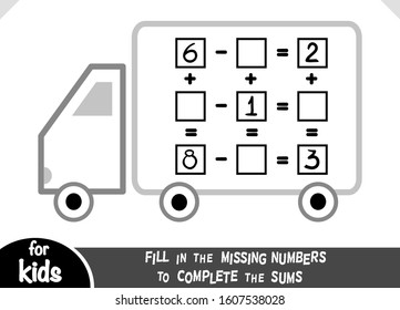 Counting Game for Preschool Children. Educational a mathematical game. Count the numbers in the picture and write the result. Addition and subtraction worksheets with Lorry