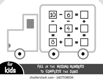 Counting Game for Preschool Children. Educational a mathematical game. Count the numbers in the picture and write the result. Addition and subtraction worksheets with Lorry