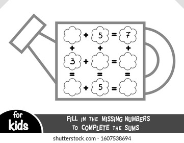 Counting Game for Preschool Children. Educational a mathematical game. Count the numbers in the picture and write the result. Addition worksheets with a watering can
