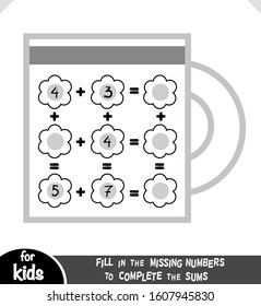 Counting Game for Preschool Children. Educational a mathematical game. Count the numbers in the picture and write the result. Addition worksheets with a cup