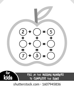 Counting Game for Preschool Children. Educational a mathematical game. Count the numbers in the picture and write the result. Addition worksheets with apples