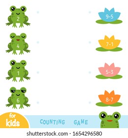 Counting Game for Preschool Children. Educational a mathematical game. Subtraction worksheets. Frogs and water lilies