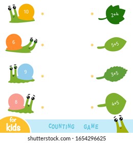 Counting Game for Preschool Children. Educational a mathematical game. Addition worksheets. Snails and leaves