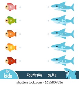 Counting Game for Preschool Children. Educational a mathematical game. Addition worksheets. Sharks and fish