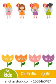 Counting Game for Preschool Children. Educational a mathematical game. Worksheet with division by six. Fairies and flowers