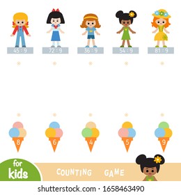 Counting Game for Preschool Children. Educational a mathematical game. Worksheet with division by nine. Girls and ice cream