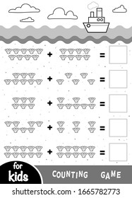 Counting Game for Preschool Children. Educational a mathematical game. Count the number of shells and write the result. Addition worksheets on the background of the beach
