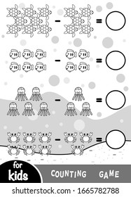 Counting Game for Preschool Children. Educational a mathematical game. Count the number of sea animals and write the result. Subtraction worksheets