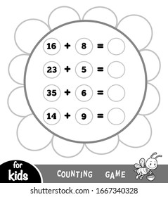 Counting Game für Vorschulkinder. Erziehung ein mathematisches Spiel. Zählen Sie die Zahlen im Bild und schreiben Sie das Ergebnis. Ergänzungsblätter auf dem Hintergrund einer großen Blume