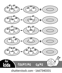 Counting Game for Preschool Children. Educational a mathematical game. Count the number of apples on the plates and write the result. Subtraction worksheets