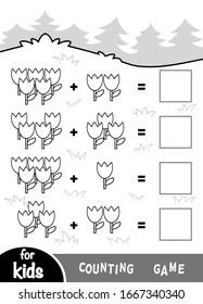 Counting Game for Preschool Children. Educational a mathematical game. Count the numbers of flowers and write the result. Addition worksheets on the background of a glade