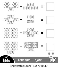 Counting Game for Preschool Children. Educational a mathematical game. Count the number of sweets and write the result. Subtraction worksheets
