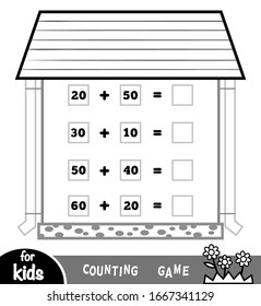 Counting Game for Preschool Children. Educational a mathematical game. Count the numbers in the picture and write the result. Tasks for addition on the background of the house