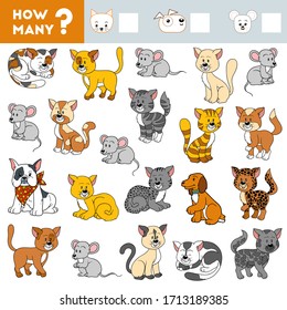 Counting Game for Preschool Children. Educational a mathematical game. Count how many Dogs, Cats, Mice and write the result!