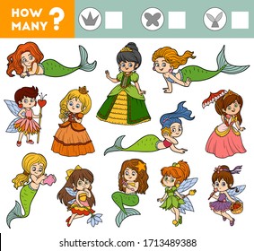Counting Game for Preschool Children. Educational a mathematical game. Count how many Mermaids, Princesses, Fairies and write the result!