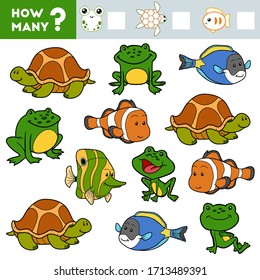 Counting Game for Preschool Children. Educational a mathematical game. Count how many Tortoises, Frogs, Fish and write the result!