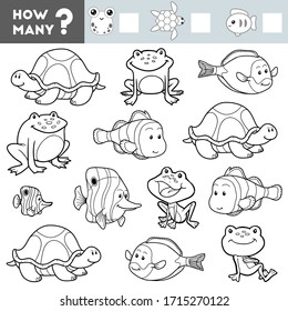 Counting Game for Preschool Children. Educational a mathematical game. Count how many tortoises, Frogs, Fish and write the result!