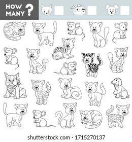 Counting Game for Preschool Children. Educational a mathematical game. Count how many Dogs, Cats, Mice and write the result!