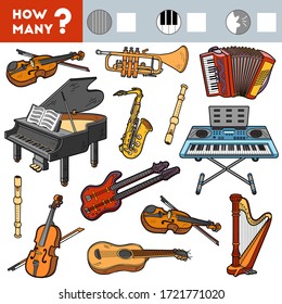 Counting Game for Preschool Children. Educational a mathematical game. Count how many musical instrument and write the result!