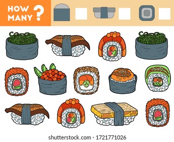 Counting Game for Preschool Children. Educational a mathematical game. Count how many sushi, sashimi, rolls and write the result!