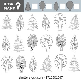 Counting Game für Vorschulkinder. Erziehung ein mathematisches Spiel. Zähle wie viele Bäume und schreibe das Ergebnis!
