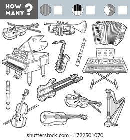 Counting Game for Preschool Children. Educational a mathematical game. Count how many musical instrument and write the result!