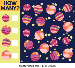 Counting Game for Preschool Children. Educational a mathematical game. Count how many spaceships, planets and write the result