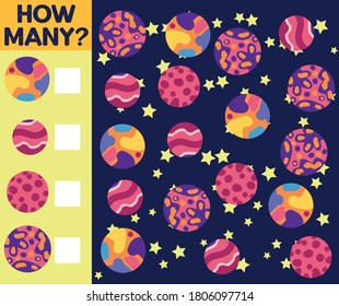 Counting Game for Preschool Children. Educational a mathematical game. Count how many spaceships, planets and write the result