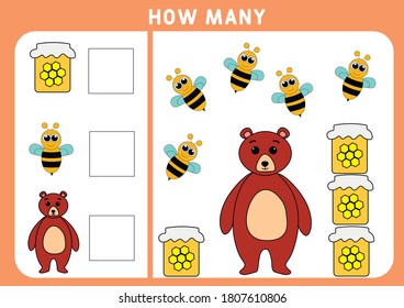 Counting Game for Preschool Children. Educational a mathematical game. Subtraction worksheets. How many objects task. Learning mathematics, numbers, addition theme