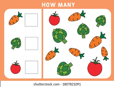 Counting Game for Preschool Children. Educational a mathematical game. Subtraction worksheets. How many objects task. Learning mathematics, numbers, addition theme