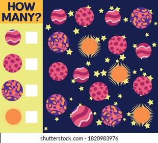 Counting Game for Preschool Children. Educational a mathematical game. Count how many spaceships, planets and write the result