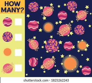 Counting Game for Preschool Children. Educational a mathematical game. Count how many spaceships, planets and write the result