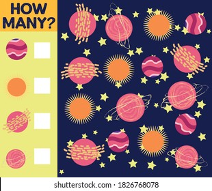 Counting Game for Preschool Children. Educational a mathematical game. Count how many spaceships, planets and write the result