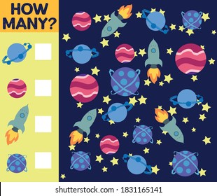 Counting Game for Preschool Children. Educational a mathematical game. Count how many spaceships, planets and write the result