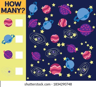 Counting Game for Preschool Children. Educational a mathematical game. Count how many spaceships, planets and write the result