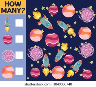 Counting Game for Preschool Children. Educational a mathematical game. Count how many space objects and write the result