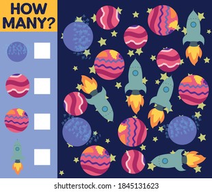 Counting Game for Preschool Children. Educational a mathematical game. Count how many space objects and write the result