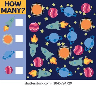 Counting Game for Preschool Children. Educational a mathematical game. Count how many space objects and write the result