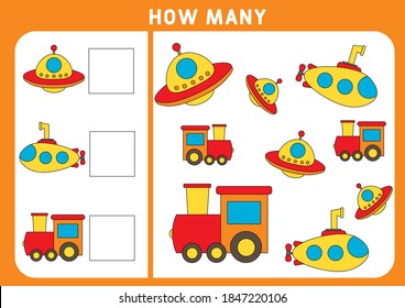 Counting Game for Preschool Children  Educational mathematical game  Subtraction worksheets  How many objects task  Learning mathematics  numbers  Set transports    submarine  ufo  train 