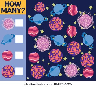 Counting Game for Preschool Children. Educational a mathematical game. Count how many space objects and write the result