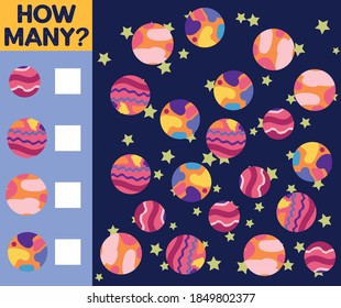 Counting Game for Preschool Children. Educational a mathematical game. Count how many space objects and write the result