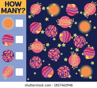 Counting Game for Preschool Children. Educational a mathematical game. Count how many space objects and write the result