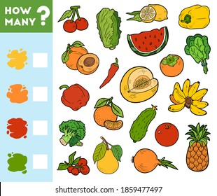 Counting Game for Preschool Children. Educational a mathematical game. Count how many fruits and vegetables by colors and write the result!