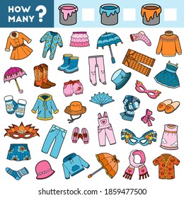 Counting Game for Preschool Children. Educational a mathematical game. Count how many clothes by colors and write the result!