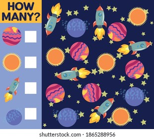 Counting Game for Preschool Children. Educational a mathematical game. Count how many space objects and write the result