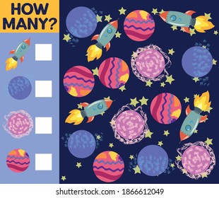 Counting Game for Preschool Children. Educational a mathematical game. Count how many space objects and write the result