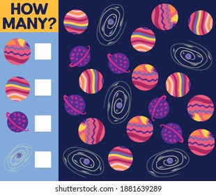 Counting Game for Preschool Children. Educational a mathematical game. Count how many space objects