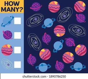 Counting Game for Preschool Children. Educational a mathematical game. Count how many space objects