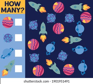 Counting Game for Preschool Children. Educational a mathematical game. Count how many space objects